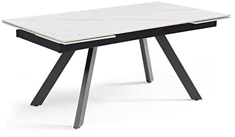 Nevada 08 Esstisch, ausziehbar, 160 / 240 cm, aus Keramik, weiß, marmoriert, matt, mit 4 abgeschrägten Beinen, Metall, Schwarz