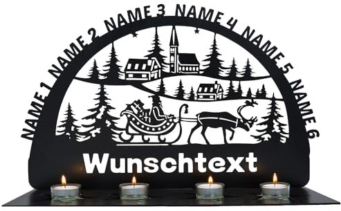 Weihnachten Kerzenständer Teelichthalter 4 Stück, Kerzenhalter Tischdeko Deko, Weihnachtsdekoration Schwibbogen personalisierte Weihnachtsmann Lichterbogen Schild mit bis zu 5 Namen - Lasergravur