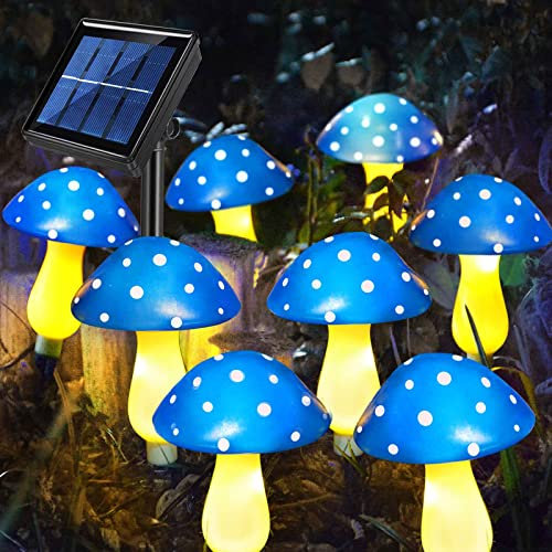 Abkshine Set of 8 Blue Solar Garden Lights, Solar Powered Mushroom Stake Lights for Outdoor Decor, Waterproof Garden Ornaments for Backyard Lawn Pathway Landscape Fence Christmas Halloween Yard Decor
