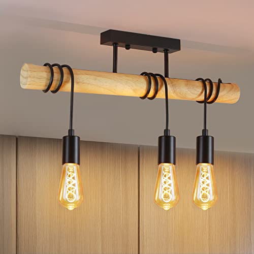 ZMH Deckenlampe Vintage Wohnzimmer Deckenleuchte Holz - E27 Wohnzimmerlampe Schwarz Metall Industrial Design Schlafzimmerlampe mit 3 Flammig für Wohnzimmer Schlafzimmer Küche Flur - Ohne Leuchtmittel