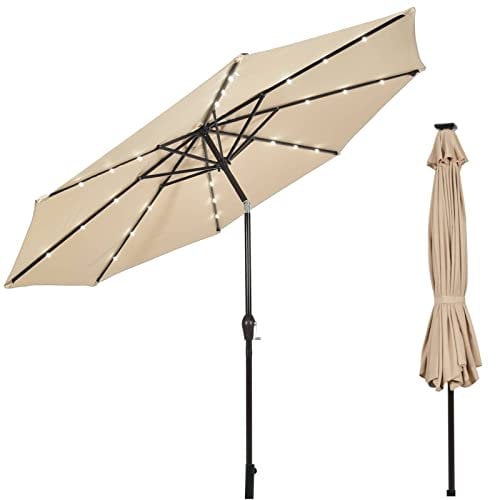 COSTWAY 3m Garden Parasol, 24 Solar Powered LED Lights Patio Umbrella with Tilt and Crank Handle, UV Protective Outdoor Table Sun Shade for Deck Yard Pool (Beige)