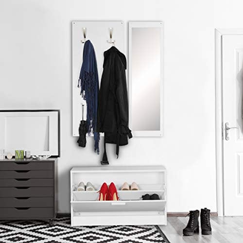 möbelando Wand-Garderobe Salerno mit Spiegel & Schuhschrank Spanplatte weiß | Moderne Flur-Kompaktgarderobe für Jacken & Schuhe | Komplettgarderobe