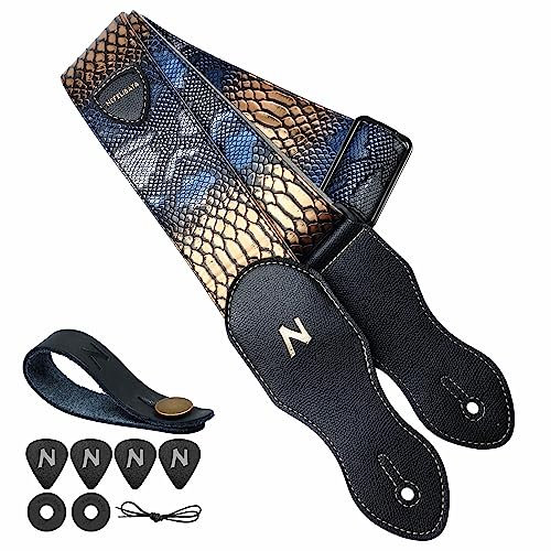 Nefelibata Gitarrengurt mit Plektrum Tasche, 2,3 Zoll Veganes Leder Schlangenhaut Muster Gitarrengurte mit Leder Enden, 60s Vintage Style
