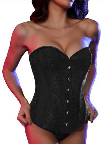 SLIMBELLE Vollbrust Corsage Damen Korsett Top Gothic Vintage Corsagen Bustier Corsette mit Stahlstäbchen Spitze und Faux Leder Corsage mit Tanga Schwarz-Lace M