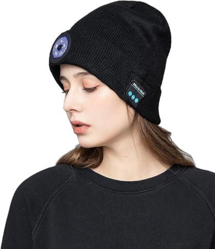 LANMOU Bluetooth Beanie Hat Light Bluetooth 5.0 Wireless Headphones Music Knit Hats Running Cap with Stereo Speaker & Mic, Rechargeable Unisex Winter Warm Knit Beanie (Black)
