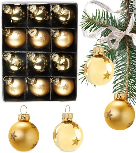 BRUBAKER Set di 12 Pezzi di Palline di Natale con Palline per Albero da 3 cm - Addobbi per Albero di Natale Decorati a Mano - Mini Palline con Stelle Glitterate per Albero di Natale in Vetro - Oro