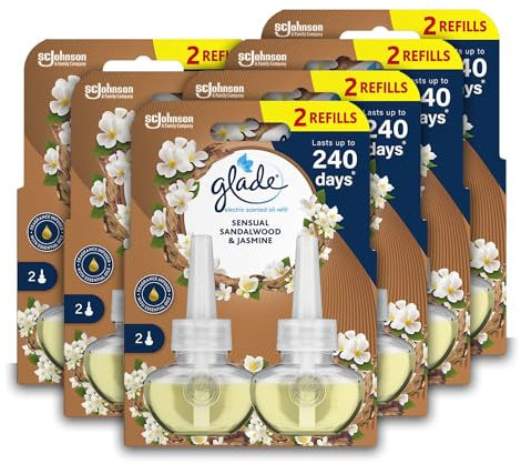 Glade Plug in Air Freshener Refill, Electric Scented Oil Room Air Freshener, Sandalwood & Jasmine, Pack of 6 Duos (12 x 20ml)