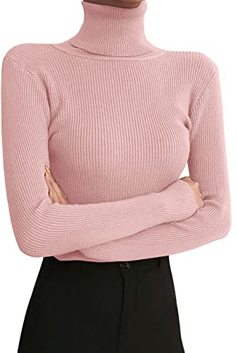 T-shirt à col roulé pour femme - Manches longues côtelées - Couleur unie - Pull basique à col roulé - Sous-vêtement décontracté - Haut esthétique Y2K Crop Top, Rose, taille unique