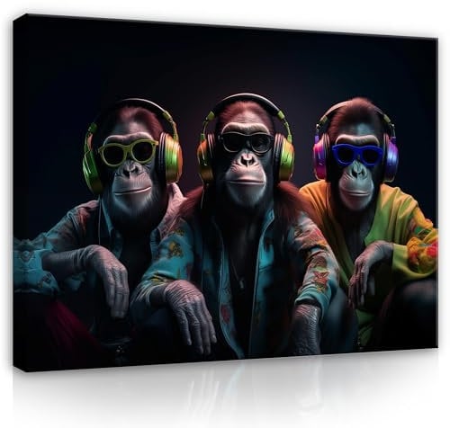 WallArena - Leinwand Bilder - 3 Affen Abstrakt Musik - 120x80 cm Leinwandbilder - Bild auf leinwand - Wandbild XXL groß Wandbilder für Wohnzimmer Schlafzimmer Wohnzimmerbilder Modern