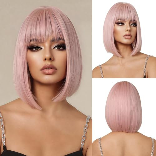 OUFEI Hell Rosa Bob Perücke mit Pony Kurze gerade Perücke für Frauen Synthetisches Haar Perücken für tägliche Party Cosplay tragen