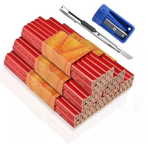 RVLZKCPG 60 Stück Zimmermannsbleistifte, Rote Achteckig Bleistift Baustelle, 175mm Dickkernige Baubleistift, Zimmermann Bleistift mit Bleistiftspitzer Kunstmesser für Zimmerei Zeichnungen