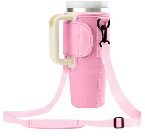 Water Bottle Carrier Bag Holder Compatible with Stanley Tumbler 40oz, Water Bottle Holder with Adjustable Shoulder Strap, Water Bottle Pouch Bag for Walking Hiking Camping (Pink)
