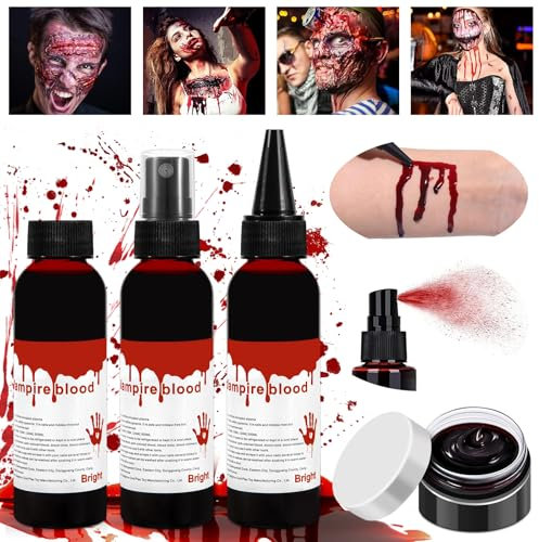 AQXONG Halloween Faux Sang, Du Faux Sang Réaliste, Du Faux Sang Lavable, 4Pcs Faux Kit de Sang, Sang Artificiel pour Carnavals, Films, Pièces de Théâtre, Farces, Blessures Simulées(60ml/Bouteille)