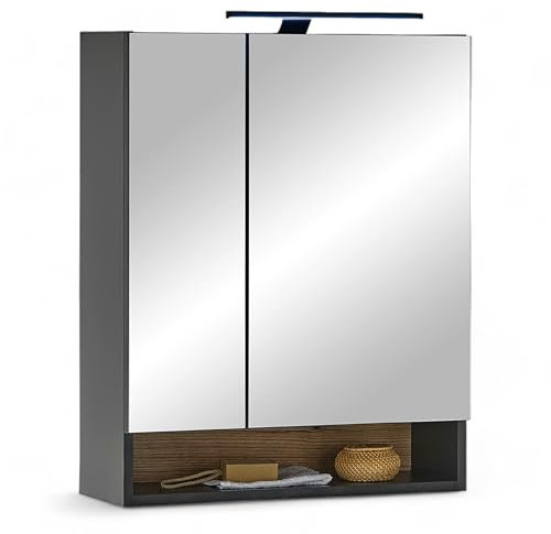 Denver Spiegelschrank Bad mit LED-Beleuchtung in Schwarz/Evoke Eiche Optik FSC-Zertifiziert - Badezimmerspiegel Schrank mit viel Stauraum - 60 x 75 x 22 cm (B/H/T)