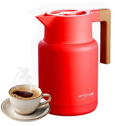 Pichet Isotherme, Bouteille Sous Vide Isolé, Carafe À Café Thermique En Acier Inoxydable, Manche En Bois, Pour Le Café Au Thé Chaud Et Froid, Cuisine, Bureau, Hôtel (Rouge,1300ml)
