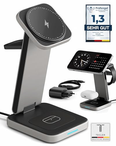 TEGLER 3-in-1 MagSafe Ladegerät – hochwertiges Aluminium – Kabelloses Ladegerät für iPhone, Apple Watch und AirPods, faltbar, Ladestation für Apple Watch und iPhone, mit 20W Adapter & USB-C Kabel