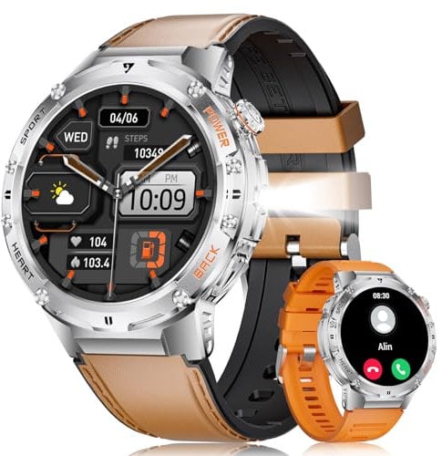 HIRREO Montre Connectée Homme pour Android iOS avec Appel Bluetooth 1,43 AMOLED Rond Smartwatch Homme 530 mAh Marron Silicone Montre Homme Connectée avec Lampe de Poche LED Santé Moniteur,100+ Sport