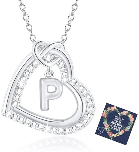 Esmoly Kette Damen Silber Necklace Women Zirkonia Herz Anhänger Kette mit Buchstaben A-Z Halskette Damen mit Kasten Geschenke für Frauen Freundin 17.2+2 Inches (Silber P)
