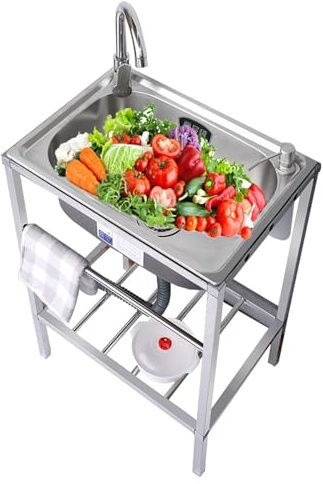 Lavello giardino piccolo per esterni, vasca singola per lavaggio, stazione per lavabo da cucina in acciaio inox con ripiano portaoggetti e rubinetto, per ristorante, bar, lavanderia, garage, cortile(2