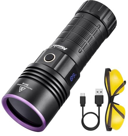 Alonefire SV119 365nm UV Taschenlampe 90W USB Aufladbar Digitale Anzeige Stark Schwarzlicht Haustierurin Detektor für Harz, Angeln, Skorpion, Bernstein, Mineralien mit UV Schutzbrille, Batterie