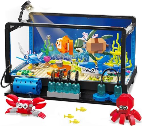 TOY PLAYER Aquarium Building Blocks Kit, 625 Pieces Interlocking Toy with LED Light, Compatible with Lego Aquarium Clamping Blocks, Gift for Kids and Adults from 6 Years