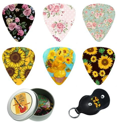 Czzmy Celluloid Gitarren Plektren Gitarren Picks 12 Stück mit Geschenkbox - Gitarrenzubehör,für Elektrische, Akustische, Bass oder Ukulele Gitarre(12-Rose Sunflower)