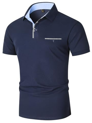 KUNJLELP Herren Poloshirt Kurzarm Atmungsaktiv Tennis Sport Polo Sommer Baumwolle T-Shirt mit Tasche,Blau 46,L