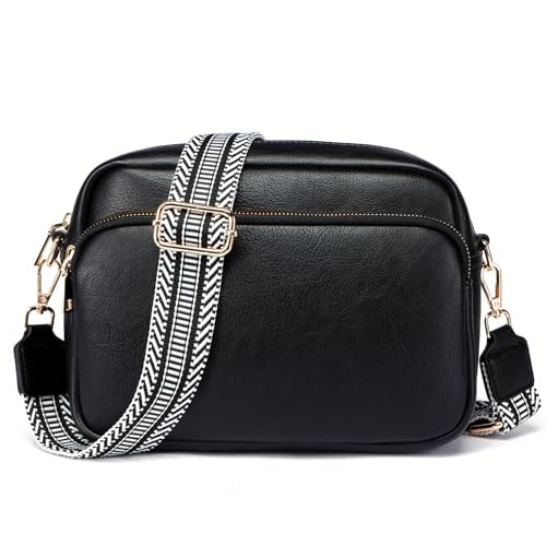 Botimmy Small Crossbody Bags for Women Vegan Leather Shoulder Handbag Zip Cell Phone Purse with Adjustable Wide Strap Black