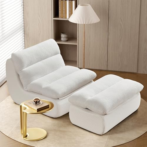 okwish Sitzsack Sofa Mit Fußhocker, abnehmbaren Rückenlehne und Sitzkissen, Lazy Sofa, Bodensofa, Sitzsack Lesesessel, Wohnzimmer Loungesessel, Sofa aus Weiß Cordstoff