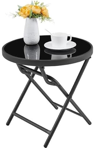 Yaheetech Table d'appoint Pliante Tables de Jardin Ronde Table Basse extérieur en Verre pour Balcon Jardin terrasse Ø 46 cm