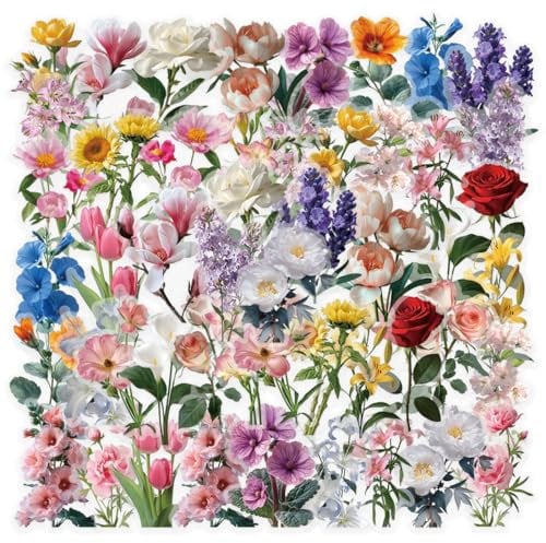 100 Pezzi Adesivi Floreali per Scrapbook, Adesivi Fiori, Adesivi Estetici per Scrapbook, Adesivi Floreali Trasparenti per Scrapbooking, Artigianato, Computer Portatili, 50 Stili