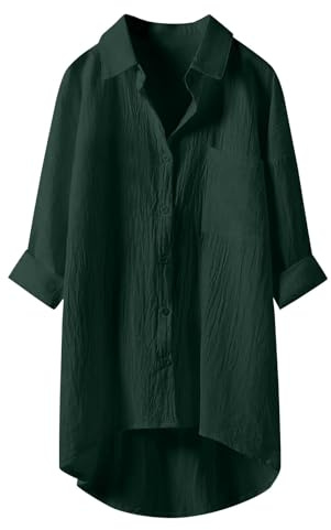 Angxiwan Button Down Shirts for Women UK Lightweight Linen Cotton Blouse with Pocket Casual Loose Fit Long Sleeve Tunic Tops Oversized Solid Color Tee Shirt Jacket for Daily Vacation Office.