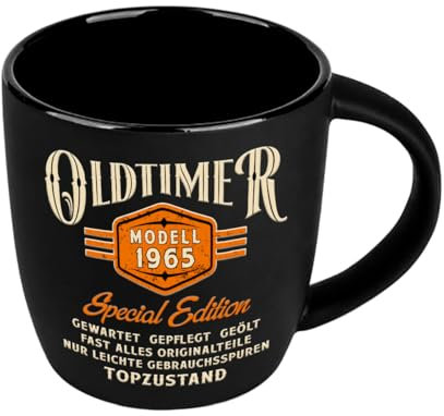 Kaffeetasse mit Reliefdruck als Geschenk zum 60. Geburtstag - 1965 bester Jahrgang - Oldtimer in Bestzustand - im Geschenkkarton