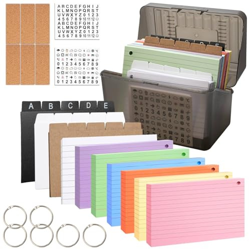 Annickee 320 Stk Karteikarten Set, Schwarz KarteikartenBox, mit 240 A6 Lernkarten Bunt, 50 Weiß Vokabelkarten mit Löchern, 6 Ringen, 2 Aufkleber, 15 Registern, 6 Etikett für Schulbedarf Büro Zuhause