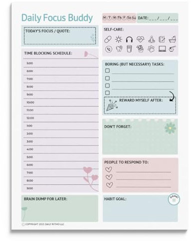 DAILY RITMO® Großer ADHS-To-Do-Listen-Notizblock für Frauen, stündlicher Fokus für Erwachsene und Jugendliche, Pastellfarben, Gehirn-Dump-Schreibtischplaner, neurodivergentes Organisationsprodukt