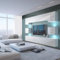 Generisch Moderne Wohnwand, Weiß Hochglanz, 300 cm Breite, LED-Beleuchtung, Wandmontage