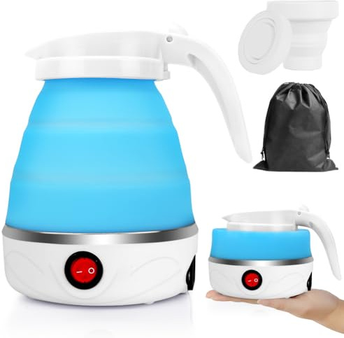 LOMUG Hervidor de Agua Plegable 600 ml Mini Hervidor Eléctrico de Silicona Portátil para Camping, Pequeño Plegable de Viaje con 2 Vasos Plegables, Base de Acero Inoxidable para Viajes, Exteriores