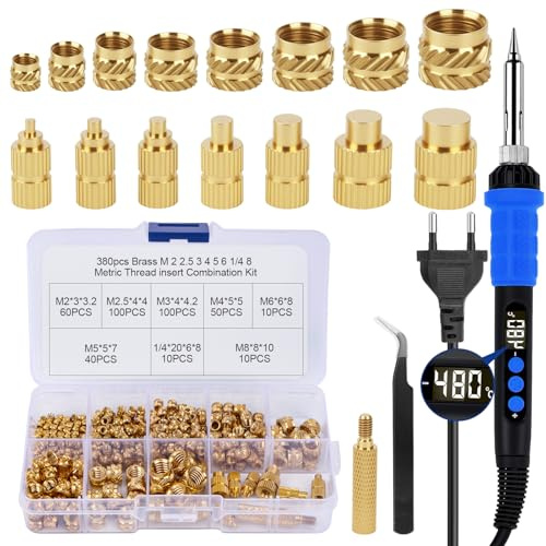 390tlg Gewindeeinsätze Lötspitzen Set für 3D Drucker mit 90W LED Lötkolben | 380 Gewindeeinsätze M2-M8,8 Lötspitzen&Adapter,90W Temperatur Einstellbar Lötkolben,Für Reparatur,Elektronik