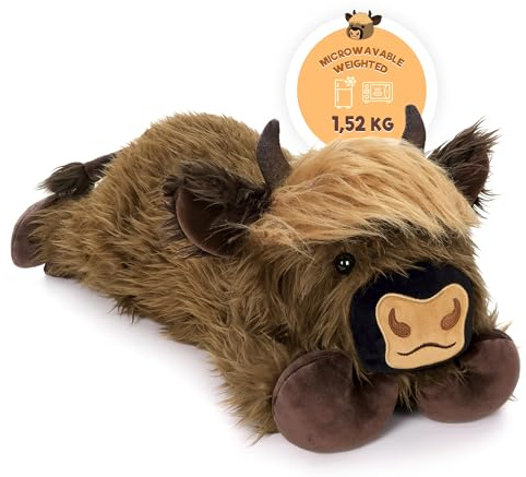 shownicer Wärmekissen Stofftier Hochlandkuh 1,52 KG herausnehmbare Leinsamenfüllung Mikrowellen-Erwärmbarer Wärme-Kuscheltier Kuh Plüschtier für Erwachsene Kinder (Braun, 50cm)