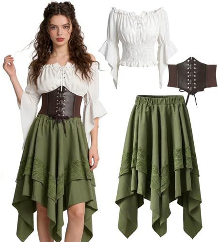 minkasic Damen Piratenkostüm Mittelalter Kleid Gothic Outfit mit Gürtel Weiße Bluse & Rock Set, Festival Outfit für Karneval Halloween Party