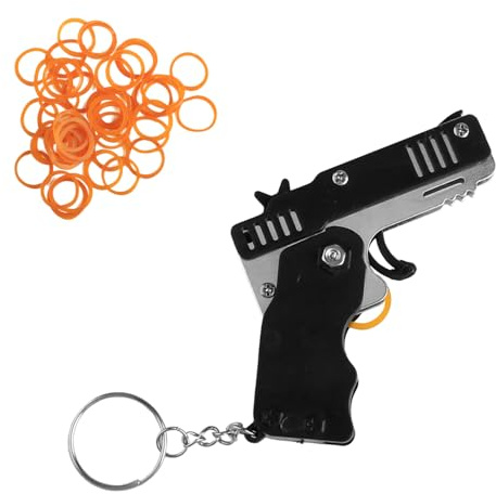 Hopzab Foldable Rubber Band Gun Keychain, Portable Mini Soft Elastic Launcher Toy, Safe Battery-Free Interactive Game Accessory, Black with 120 Bands