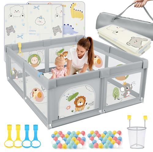 SOFTHOM Laufstall Baby mit Matratze 120x120, Laufgitter Grauer Löwe