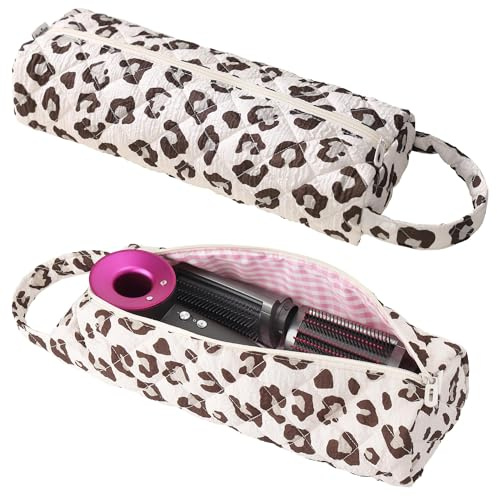 Linpr Tragbare Reisetasche für Lockenstäben, Glätteisen, Leoparden Braun | Aufbewahrungstasche für Haartrockner, Hübsche Aufbewahrungstasche, Kompatibel mit Glättkämmen Haarstyling-Geräte und Zubehör