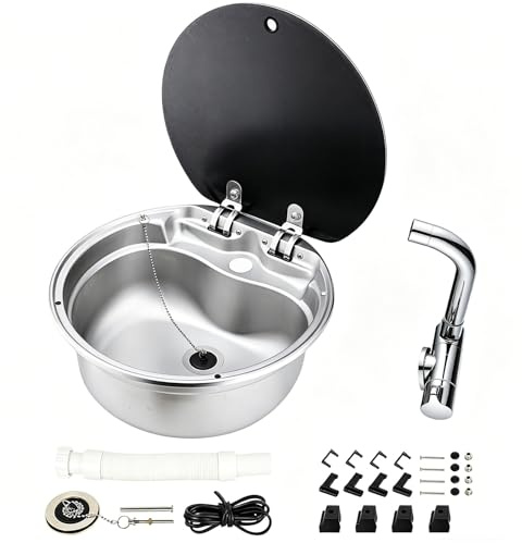 Lavandino Camper Rotondo, Lavello Cucina 1 Vasca Acciaio Inox 304, con Rubinetto Pieghevole e Coperchio in Vetro, Adatto per Camper, Furgoni Camperizzati, Yacht e Bar
