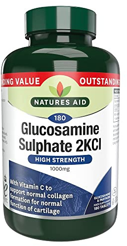 Natures Aid Glucosamine Sulphate 2KCl 1000mg – High Strength Joint Support with Vitamin C Supplement – Helps Mobility, Flexibility & Collagen Formation – Non-GMO, Gluten-Free – 180 Tablets
