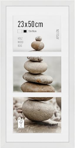 accent by nielsen Bilderrahmen mit Passepartout, 23 x 50 cm, Holz, Weiß, Collage mit 3 Bildern zum Aufhängen im Hoch- & Querformat, Echtglas, Apollon