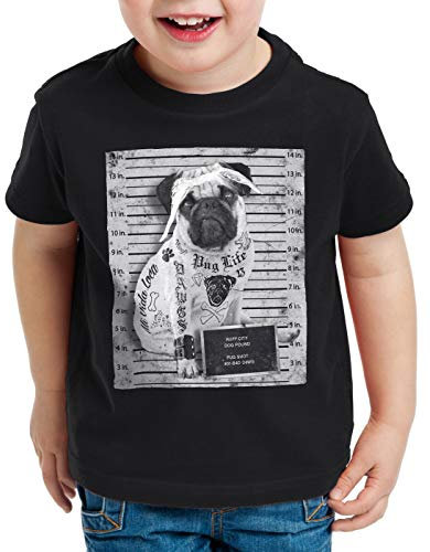 style3 Pug Tattoo T-Shirt für Kinder mops Hund Gangster Rock Motorrad Tattoed Biker usa, Farbe:Schwarz, Größe:140
