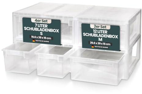 Schubladenbox 6er-Set, 4 x 7 L (S) und 2 x 12 L (M) | Praktisch für Socken, Krawatten, Shirts, Papier und Schreibwaren im Schrank