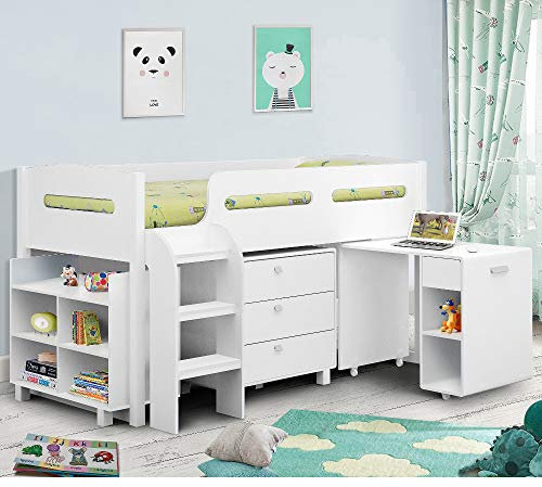 happybeds Kids Mid Sleeper Bed, Kimbo Sleep Station Contemporary Desk Drawers Shelf Storage Childrens Cabin Bed Frame (White, 3FT - Orthopaedic Mattress)