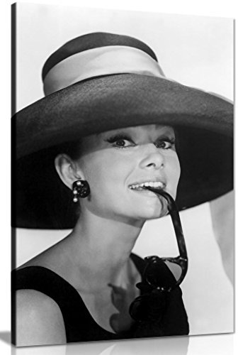 Kunstdruck auf Leinwand, Motiv Audrey Hepburn mit Sonnenbrille, 45,7 x 30,5 cm, Schwarz/Weiß